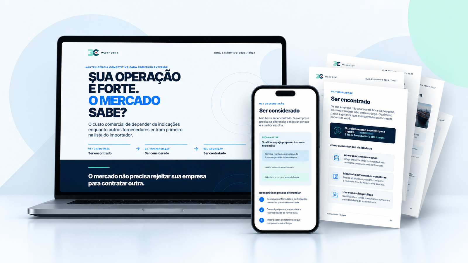 Guia executivo Sua operação é forte. O mercado sabe? em notebook, celular e páginas impressas, com apresentação adaptada ao tamanho da tela